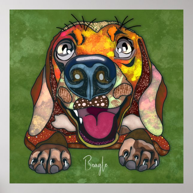 Póster Perro Beagle loco cara Poster pintado a mano (Frente)