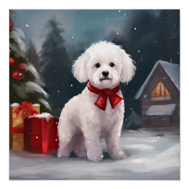Póster Perro Bichon Frise en Navidad con nieve  (Anverso)