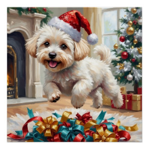 Póster Perro Bichon Frise Esponjoso Alegría Navideña