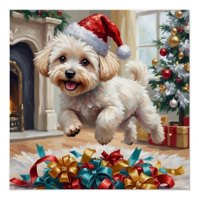 Póster Perro Bichon Frise Esponjoso Alegría Navideña (Anverso)
