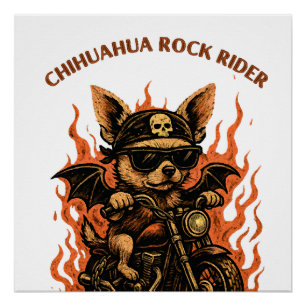 Póster Perro Biker Chihuahua en Motocicleta con Llamas