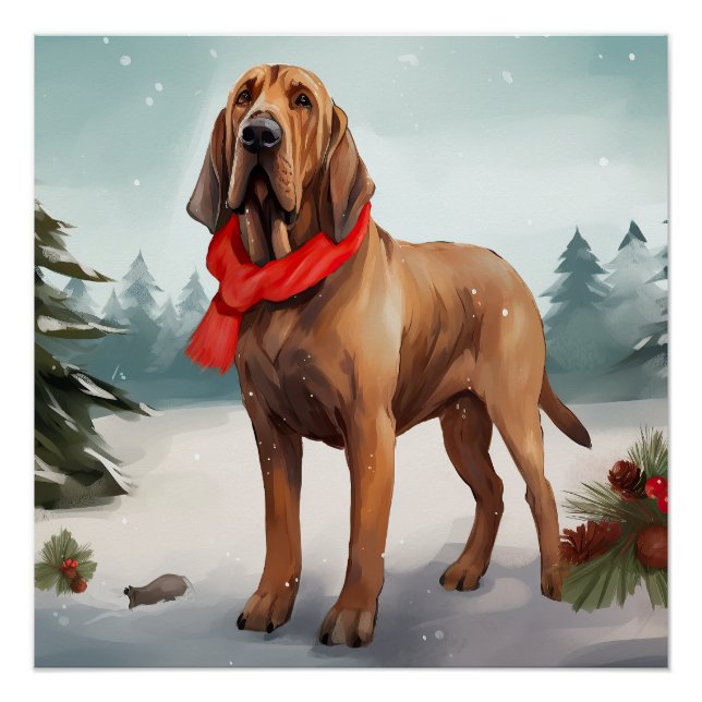 Póster Perro Bloodhound en Navidad con Nieve (Anverso)