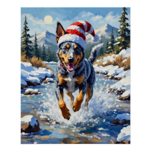 Póster Perro Blue Heeler Enérgico Arroyo Invernal Navidad