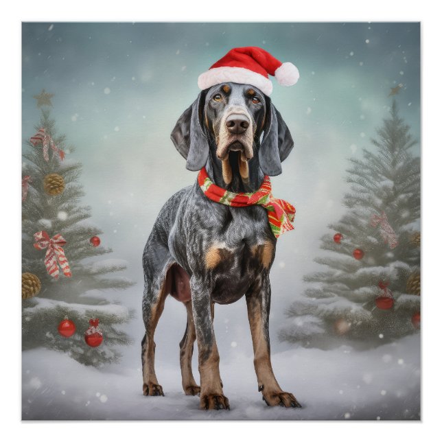 Póster Perro Bluetick Coonhound en Navidad con Nieve (Anverso)