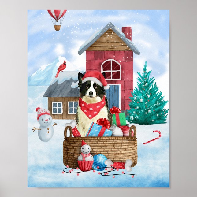 Póster Perro Border Collie en casa de perro de Navidad co (Frente)