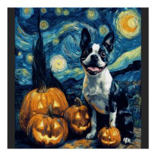 Póster Perro Boston Terrier Lindo Calabaza de Halloween P