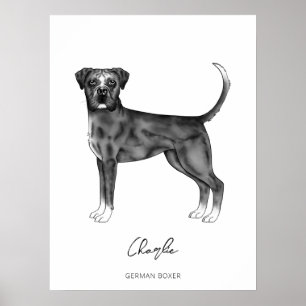Póster Perro Boxer Alemán en Blanco y Negro & Texto Perso