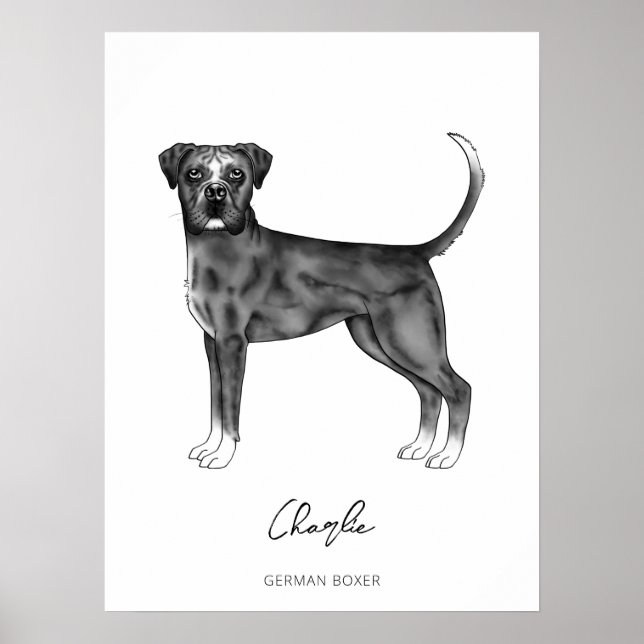 Póster Perro Boxer Alemán en Blanco y Negro & Texto Perso (Frente)