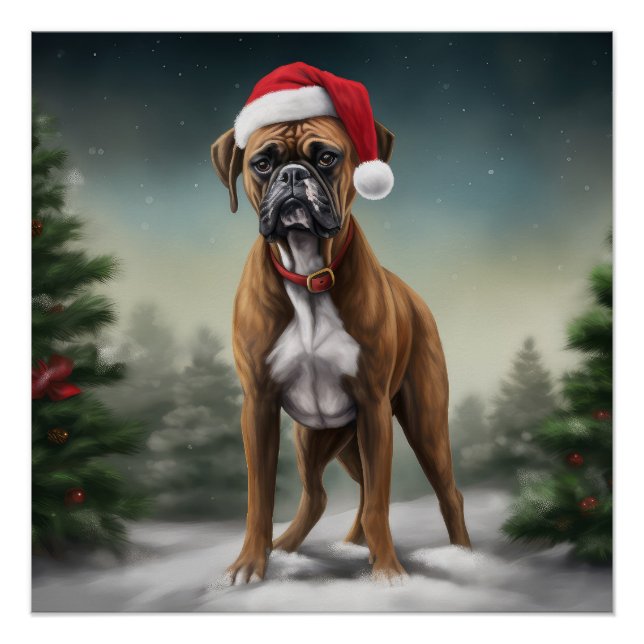 Póster Perro Boxer en Navidad con Nieve (Anverso)