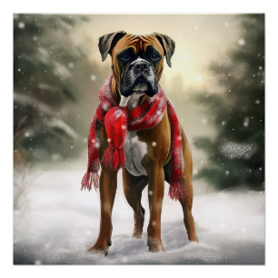 Póster Perro Boxer en Navidad con Nieve
