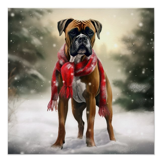 Póster Perro Boxer en Navidad con Nieve (Anverso)
