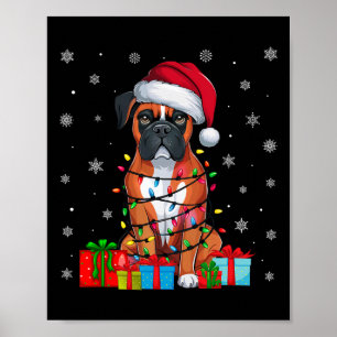 Póster Perro Boxer Nochebuena fea alumbrando Santa Hat Bo