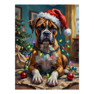 Póster Perro Boxer Tonto Enredado en Luces de Navidad