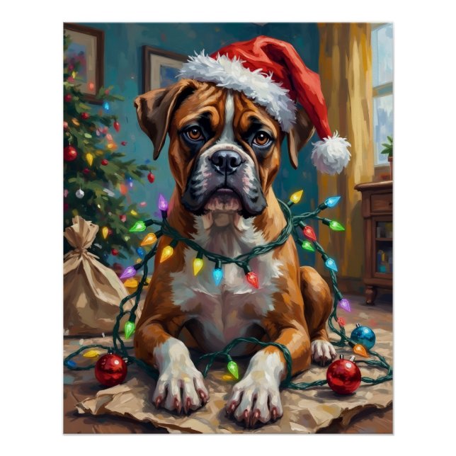 Póster Perro Boxer Tonto Enredado en Luces de Navidad (Anverso)