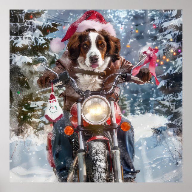 Póster Perro Brittany Spaniel montando motocicleta Navida (Frente)