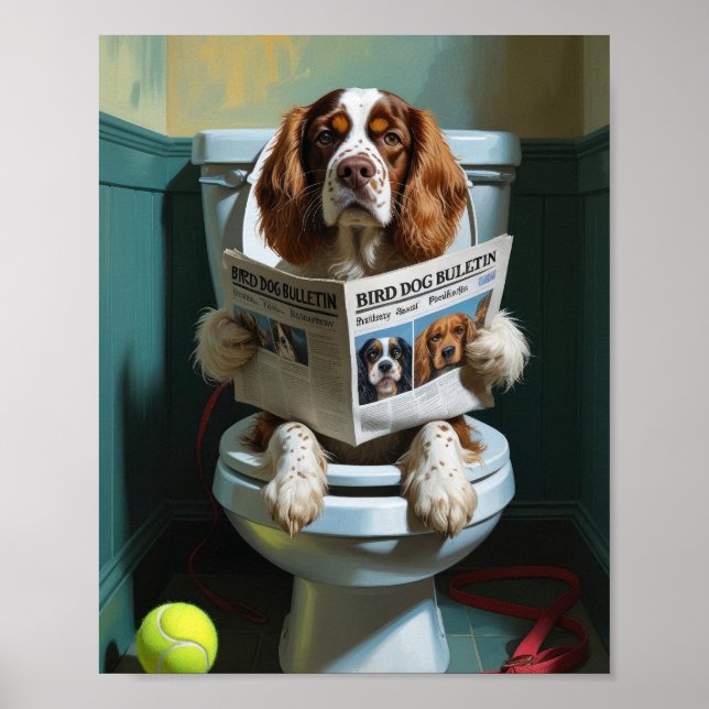 Póster Perro Brittany Spaniel Sentado En Inodoro Divertid (Frente)