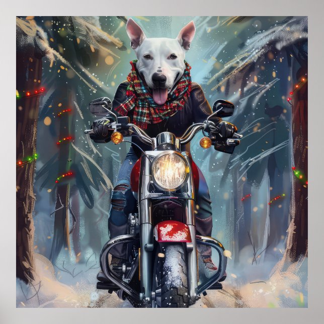 Póster Perro Bull Terrier montando motocicleta Navidad (Frente)