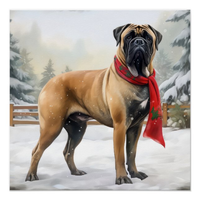 Póster Perro Bullmastiff en Navidad con nieve (Anverso)