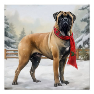 Póster Perro bullmastiff en Navidades de nieve