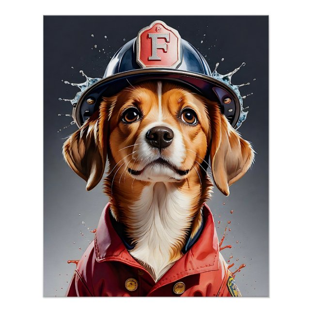 Póster Perro cachorro en acuarela uniforme para bomberos (Anverso)