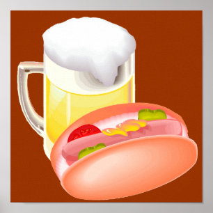 Póster Perro caliente en un bollo y cerveza con todo el f
