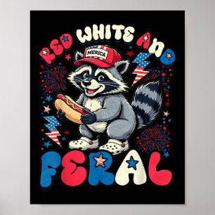 Póster Perro Caliente Mapache Floral Rojo Blanco Y Améric
