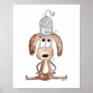 Póster Perro caprichoso con gato en la cabeza Poster