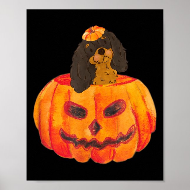 Póster Perro Cavalier Negro Marrón Feliz Halloween Calaba (Frente)