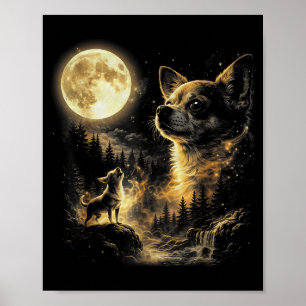 Póster Perro chihuahua divertido aullando a la luna parod