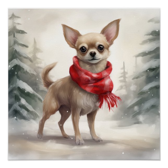 Póster Perro chihuahua en Navidades de nieve (Anverso)