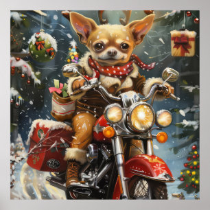 Póster Perro Chihuahua montando motocicleta Navidad 