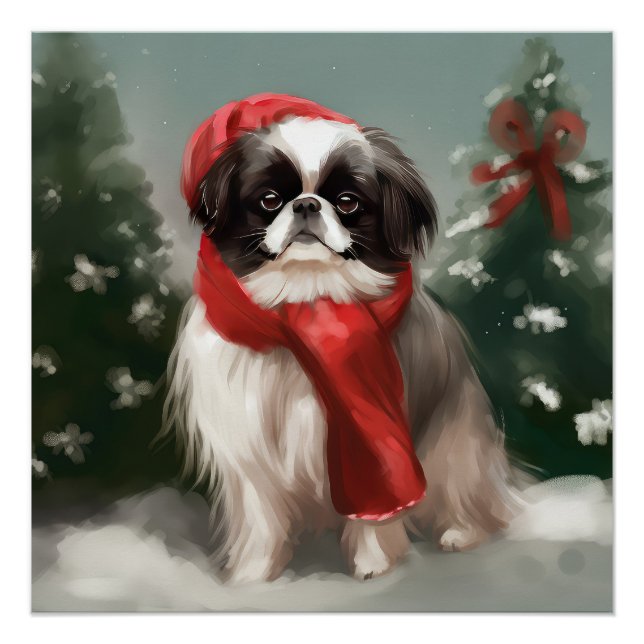 Póster Perro chino chino en Navidades de nieve (Anverso)