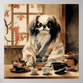 Póster Perro chino japonés con ceremonia de té