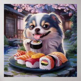 Póster Perro chino japonés picando sushi