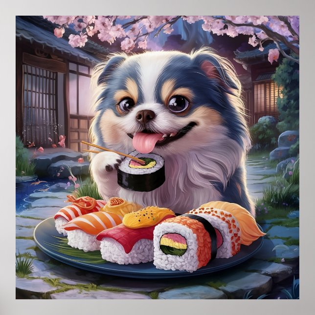 Póster Perro chino japonés picando sushi (Frente)