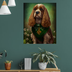 Póster Perro Cocker Spaniel con vestido de San Patricio