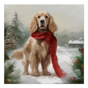Póster Perro Cocker Spaniel en Navidad con nieve