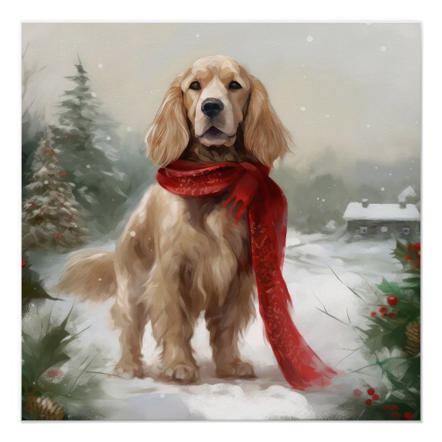 Póster Perro Cocker Spaniel en Navidad con nieve (Anverso)