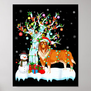 Póster Perro Collie Áspero Luces de árbol de Navidad Coll