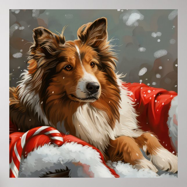 Póster Perro Collie áspero Navideño Festivo (Frente)