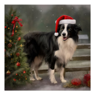 Póster Perro collie fronterizo en Navidades de nieve