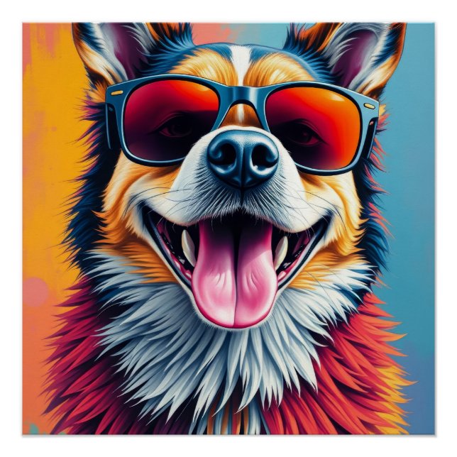 Póster Perro Colorido con Gafas de Sol (Anverso)