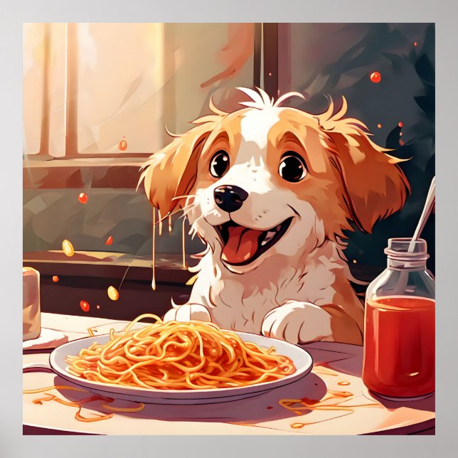 Póster Perro comiendo espagueti (Frente)