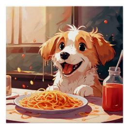Póster Perro comiendo espagueti