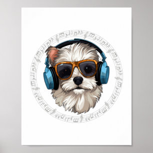 Póster perro con auriculares perro con gafas escucha