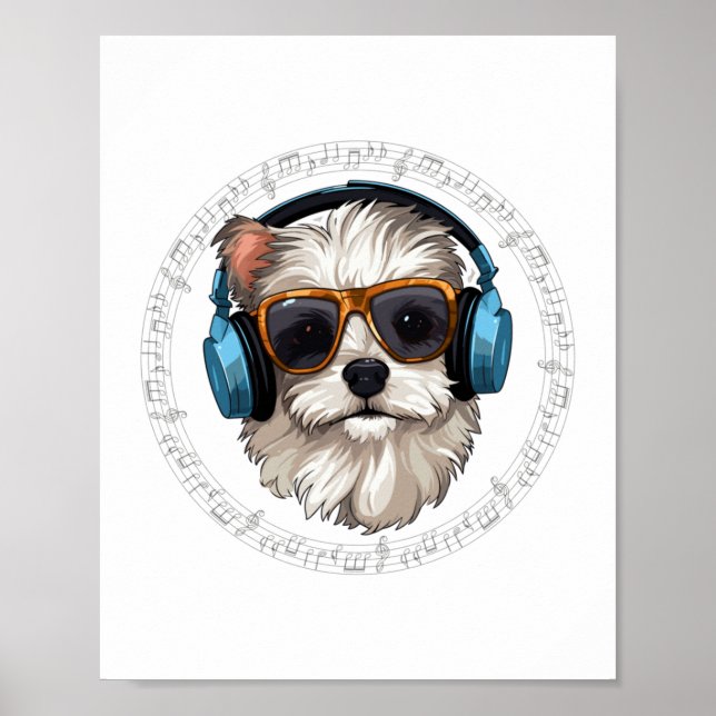 Póster perro con auriculares perro con gafas escucha (Frente)