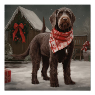 Póster Perro con cabello alambrado apuntando en Navidades