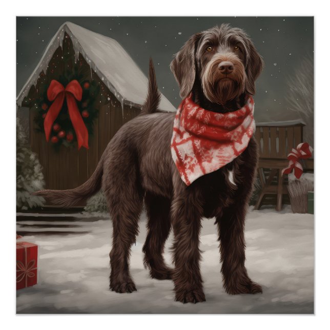 Póster Perro con cabello alambrado apuntando en Navidades (Anverso)