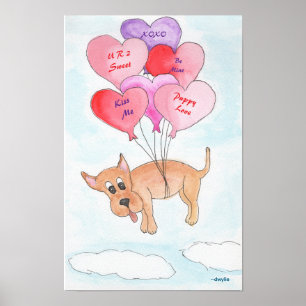 Póster Perro con globos de corazón