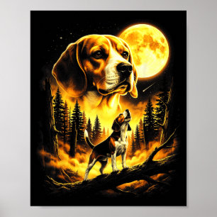 Póster Perro Cool Beagle Aullando a La Luna Vintage 90s